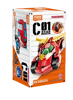 Transformers-minifiguur rode raceauto — compact formaat met groen vizier