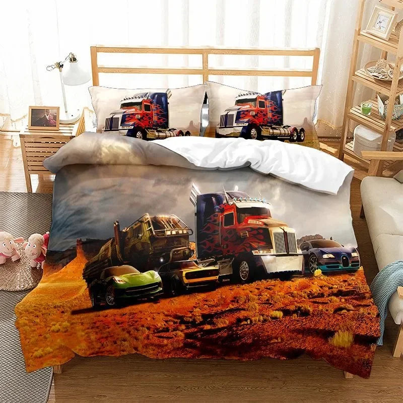 Parure de lit enfant décorée d’Optimus Prime et voitures Transformers dans un décor désertique – Transformers.