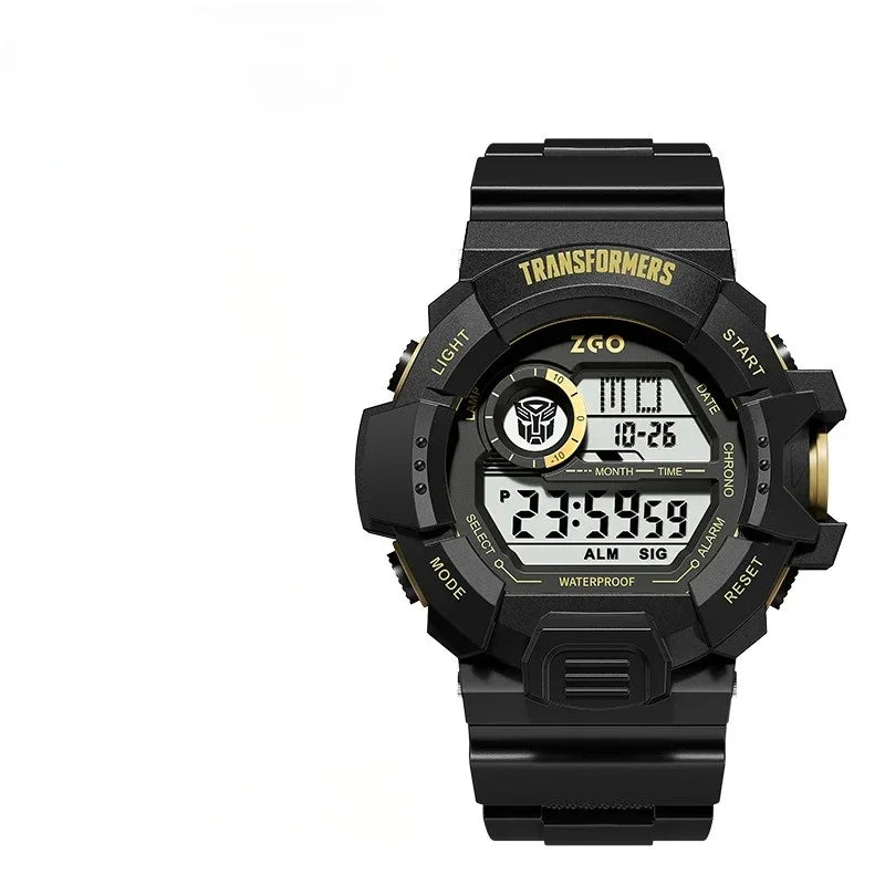 Montre digitale noire avec logo Autobots, affichage numérique, boutons dorés – Transformers.