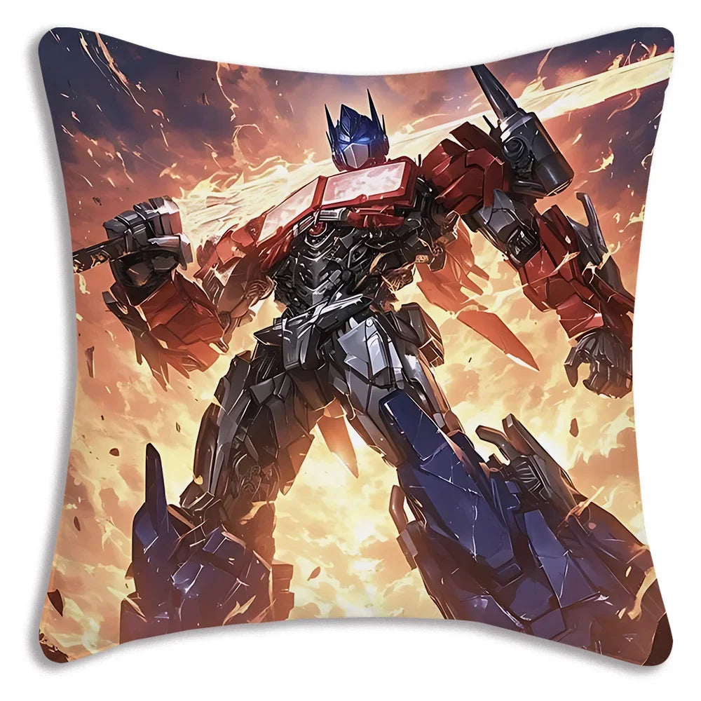 Coussin décoratif avec robot Optimus Prime en pose dynamique sur fond explosif rouge et jaune – Transformers.