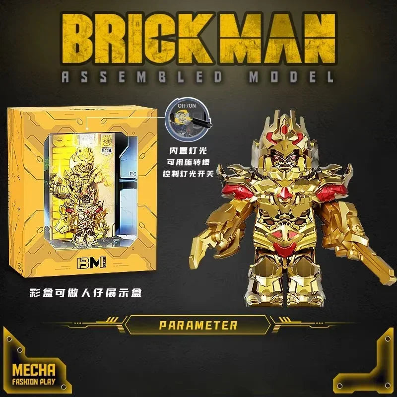 Modèle assemblé robot doré style Brick Man, posture debout, détails rouges, boîte jaune – Transformers.
