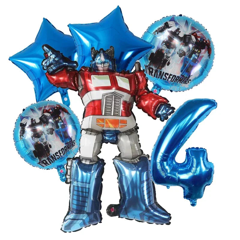 Bouquet de ballons Transformers bleu, Optimus Prime, chiffre 4, étoiles et robots – Transformers.