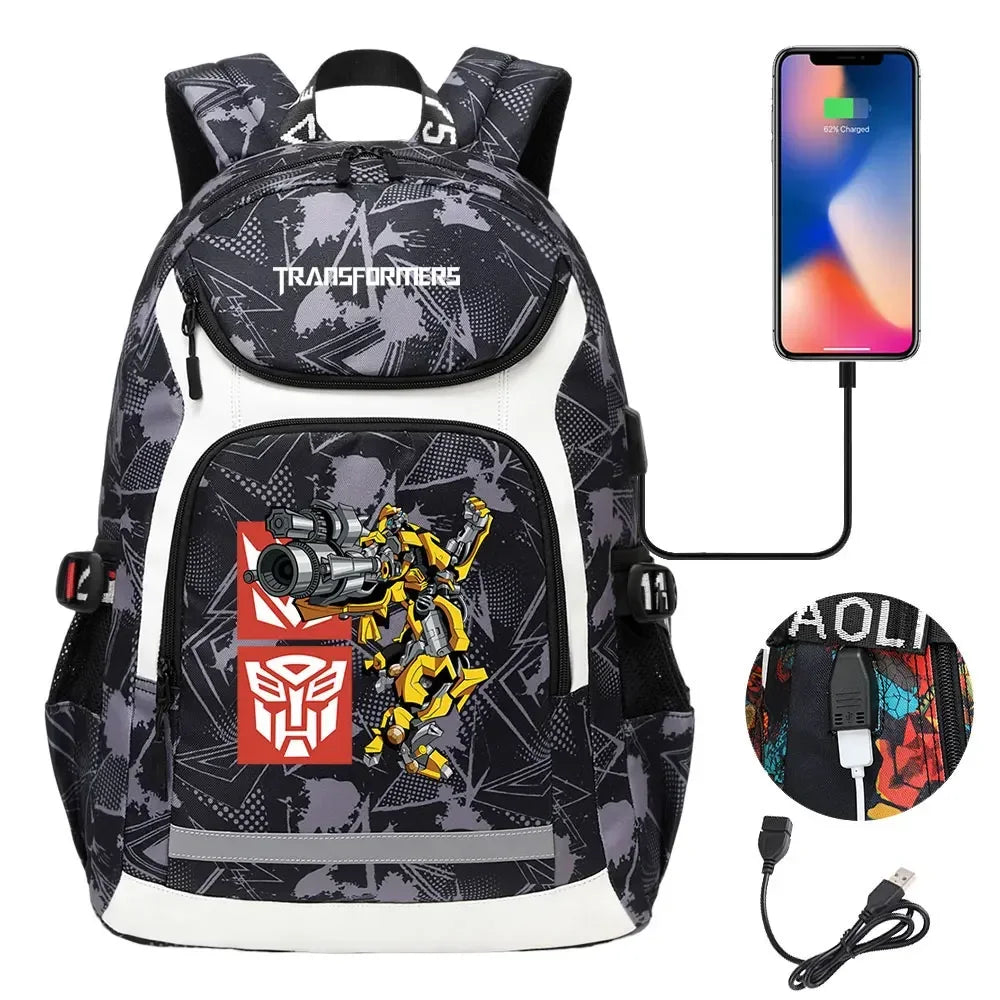 Sac à dos noir Transformers avec Bumblebee illustré, port USB, motifs graphiques et logo rouge – Transformers.