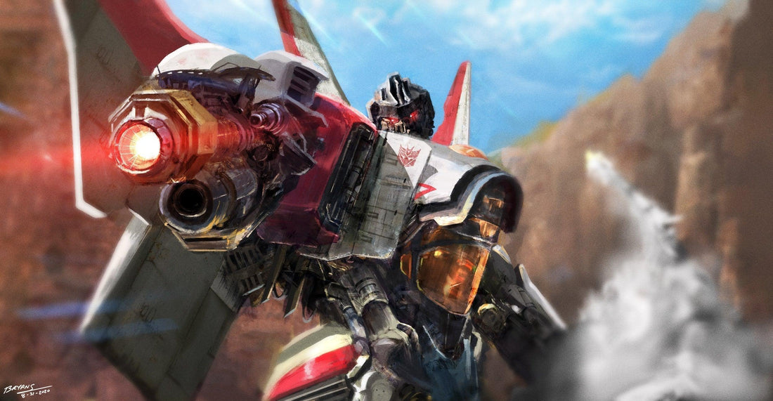 Robot Starscream armé, ailes rouges, ciel bleu et canyon en arrière-plan – Transformers.