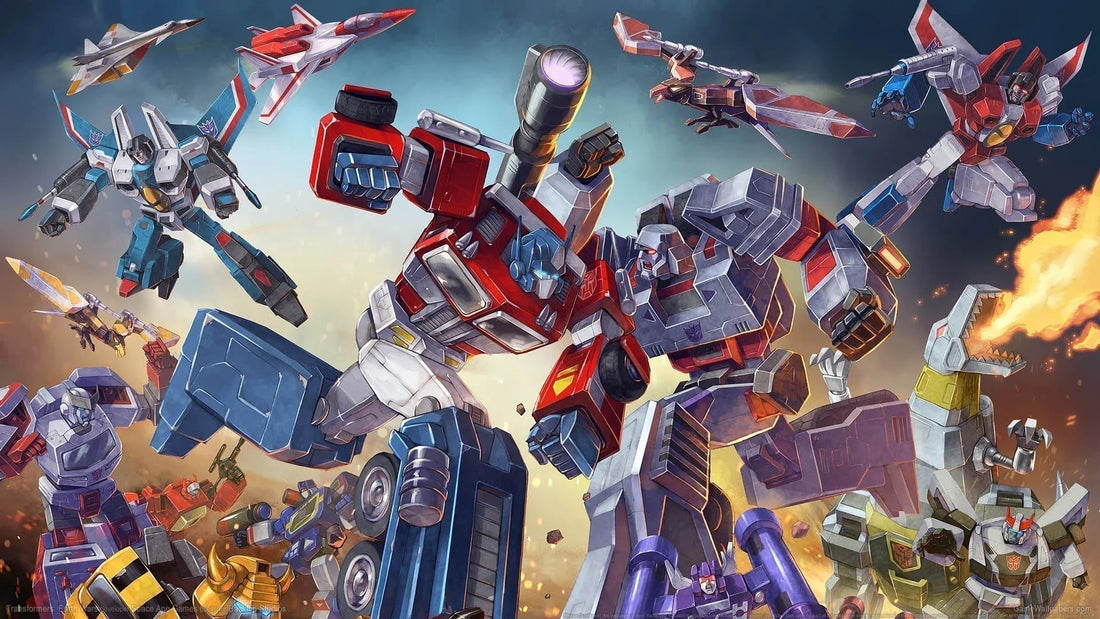Optimus Prime et Megatron s’affrontent au centre, entourés de robots colorés en action – Transformers.