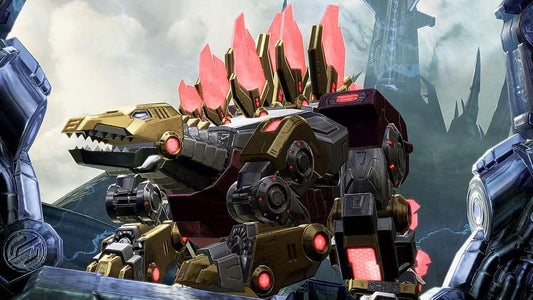 Dinobot Snarl robot dinosaure, métal doré et pointes rouges, décor futuriste – Transformers.