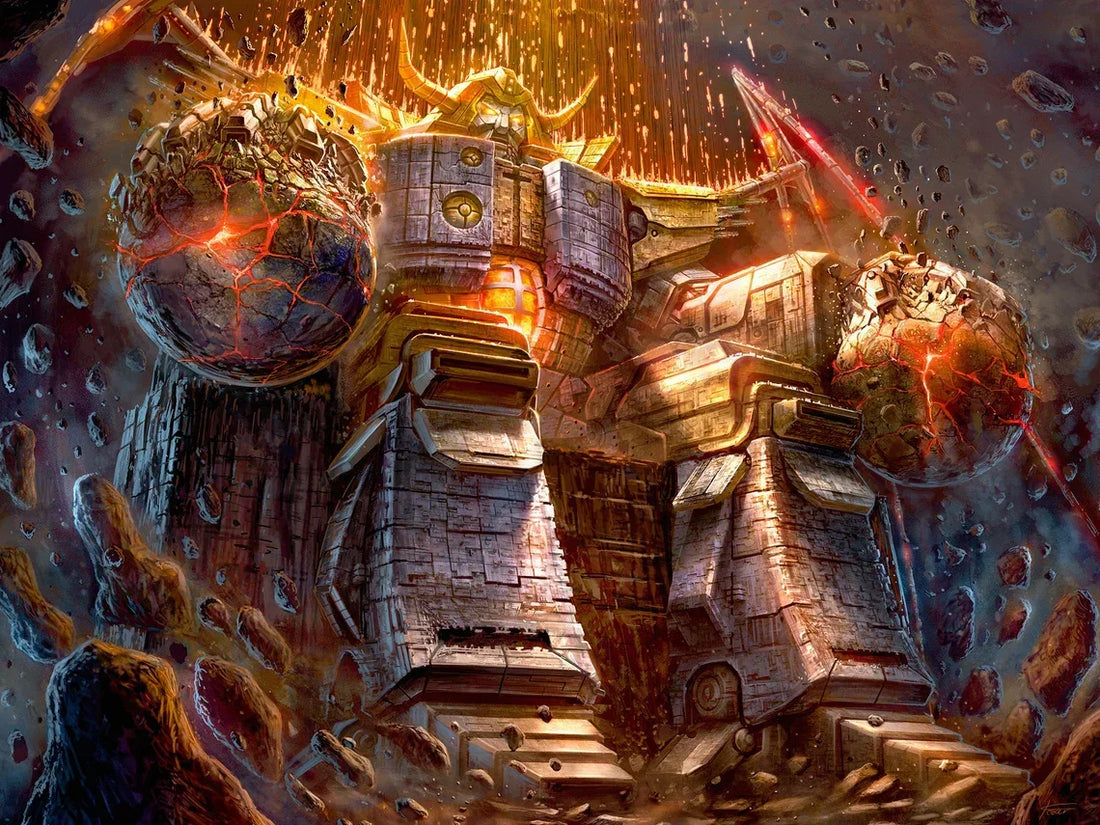 Illustration d’Unicron, robot géant, bras en forme de planète, éclats lumineux, espace – Transformers.