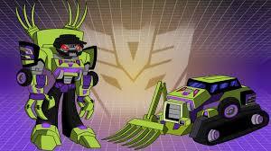 Robot vert et violet de type bulldozer avec mode véhicule, arrière-plan logo violet – Transformers.
