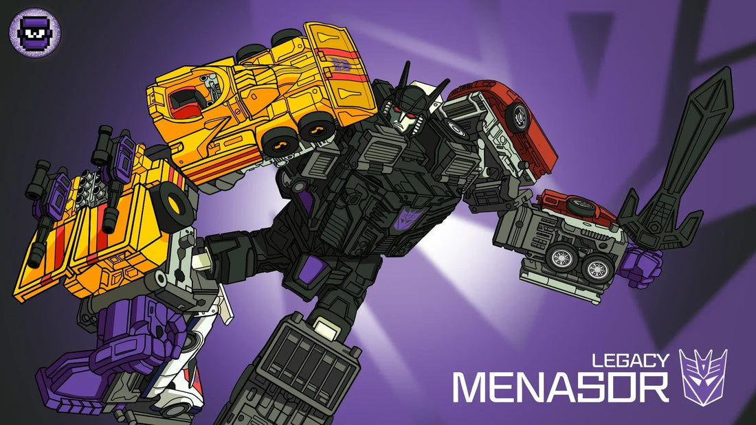 Robot Menasor articulé formé de voitures colorées, fond violet, style dessin animé – Transformers.
