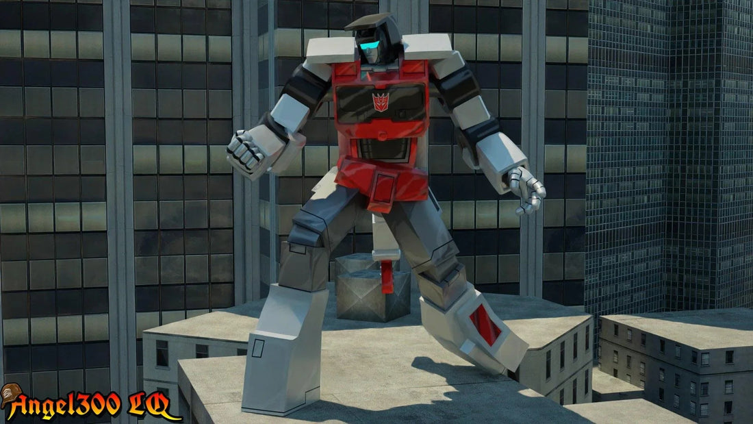 Robot Transformers gris et rouge debout sur un toit de ville, posture dynamique, style animé – Transformers.