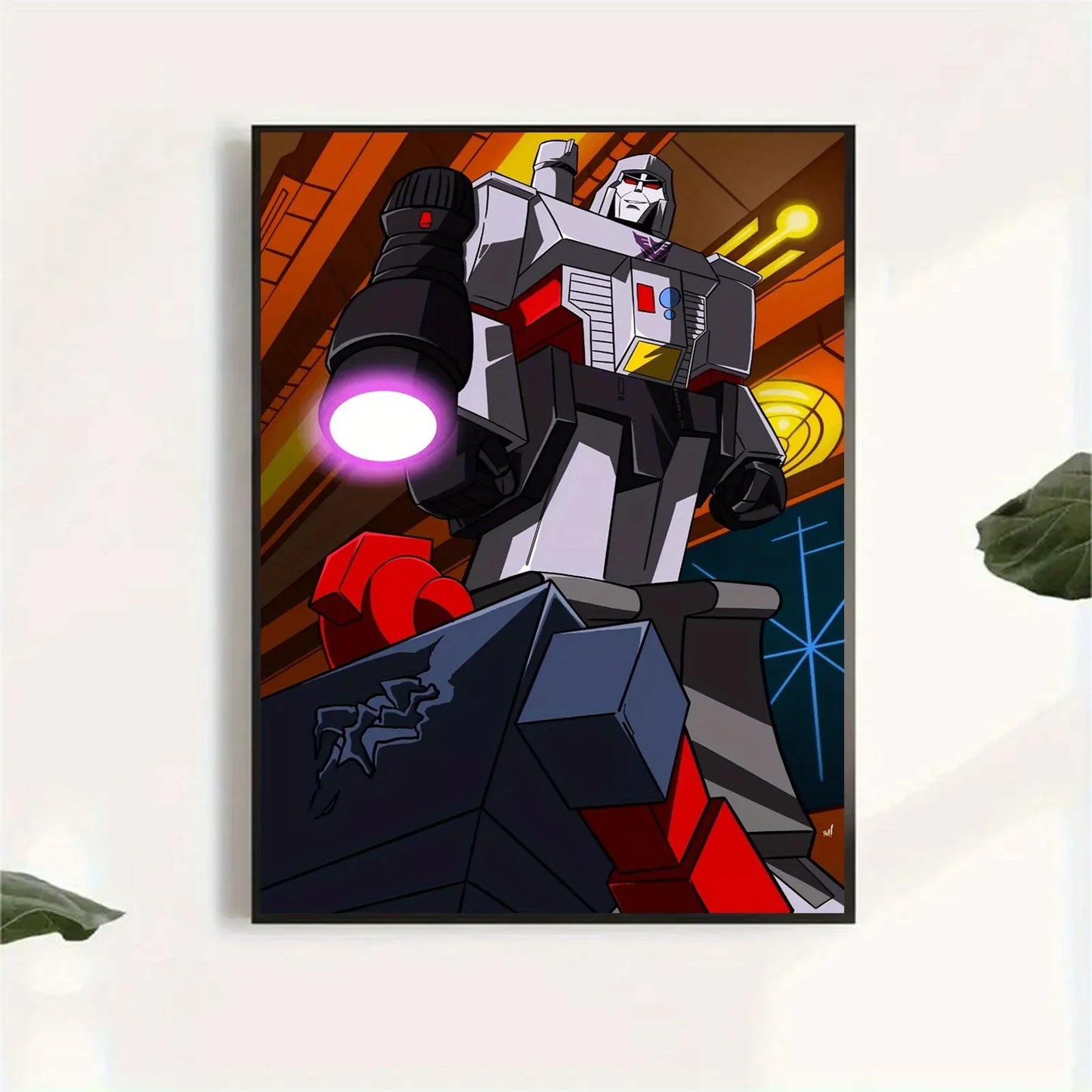Affiche Megatron, robot gris et noir debout dans un décor futuriste vibrant, style dessin animé – Transformers.