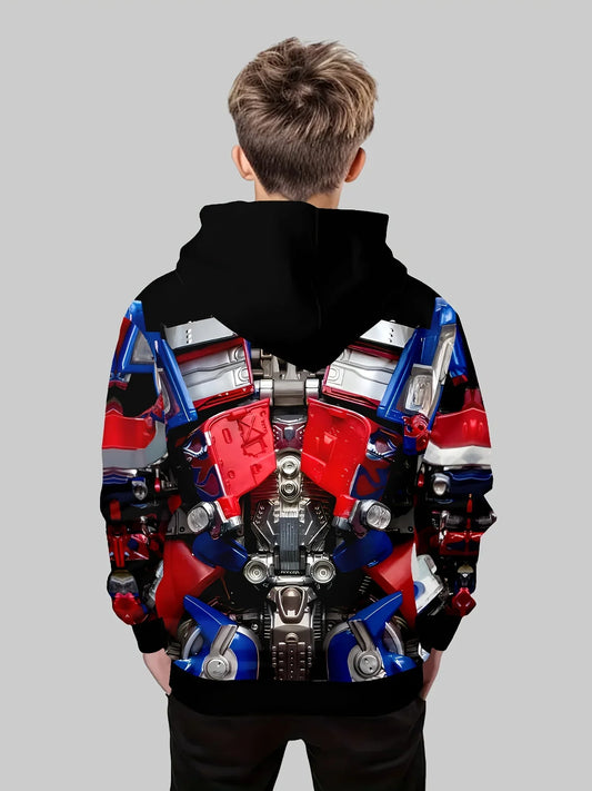 Sweat à capuche garçon motif robot rouge et bleu, style mécanique détaillé sur fond gris – Transformers.