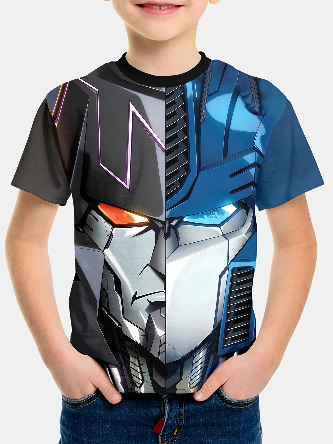 T-shirt enfant Transformers avec visage moitié sombre, moitié bleu de robot, style graphique – Transformers.