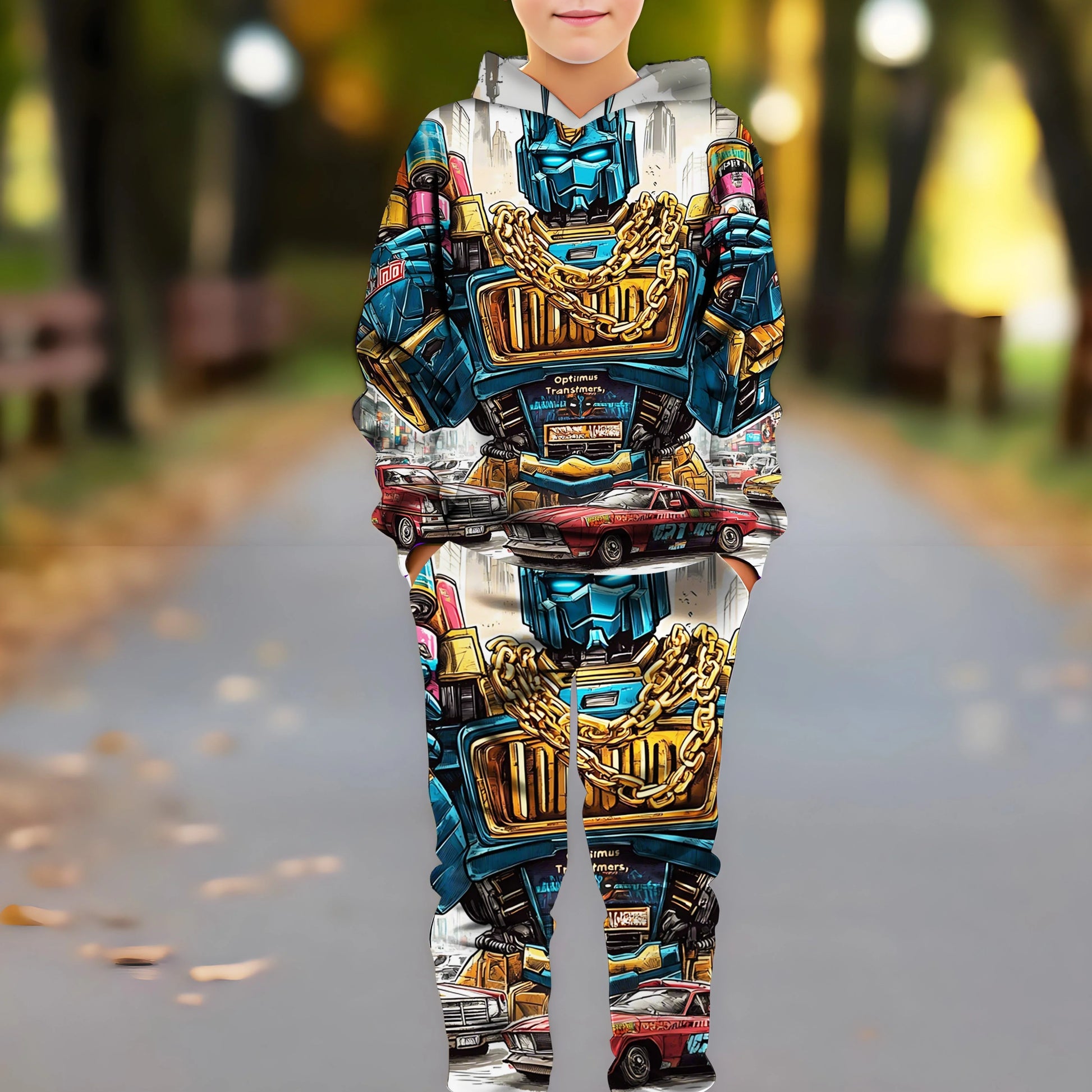 Enfant portant un ensemble à capuche motif robot bleu et doré avec chaînes et voitures – Transformers.