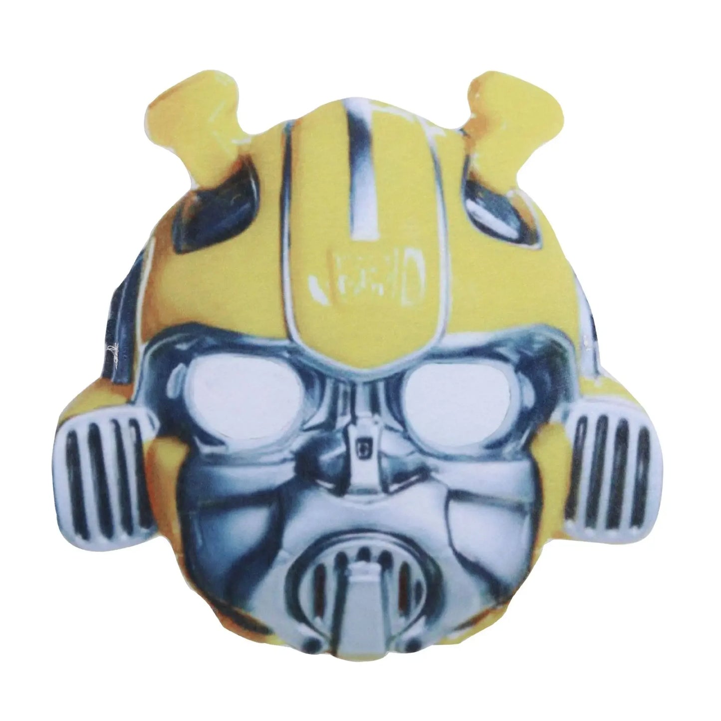 Coussin tête de Bumblebee jaune et gris, forme de robot stylisée sur fond blanc – Transformers.