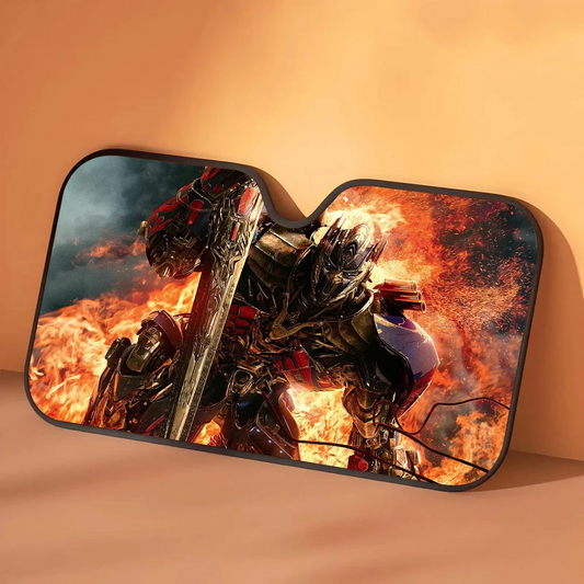 Transformers-zonnescherm Optimus Prime Oranje Vlammen — zonwering voor de auto, geheven zwaard