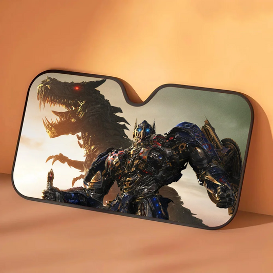 Transformers-zonnescherm Optimus Prime Tegenover de Draak — zonwering voor de auto, nachtelijk tafereel