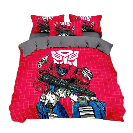 Parure de lit Transformers rouge avec robot armé, logo Autobot blanc au centre, style BD – Transformers.