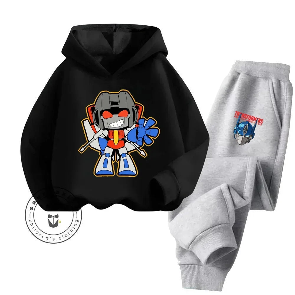 Ensemble sweat à capuche noir et pantalon gris avec robot Transformers stylisé, décor coloré – Transformers.