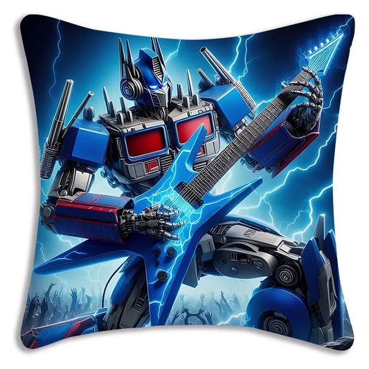 Coussin décoratif robot bleu style Transformers jouant de la guitare électrique, fond éclair – Transformers.