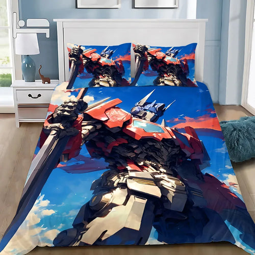 Parure de lit avec robot rouge stylisé en position héroïque sur fond bleu ciel – Transformers.
