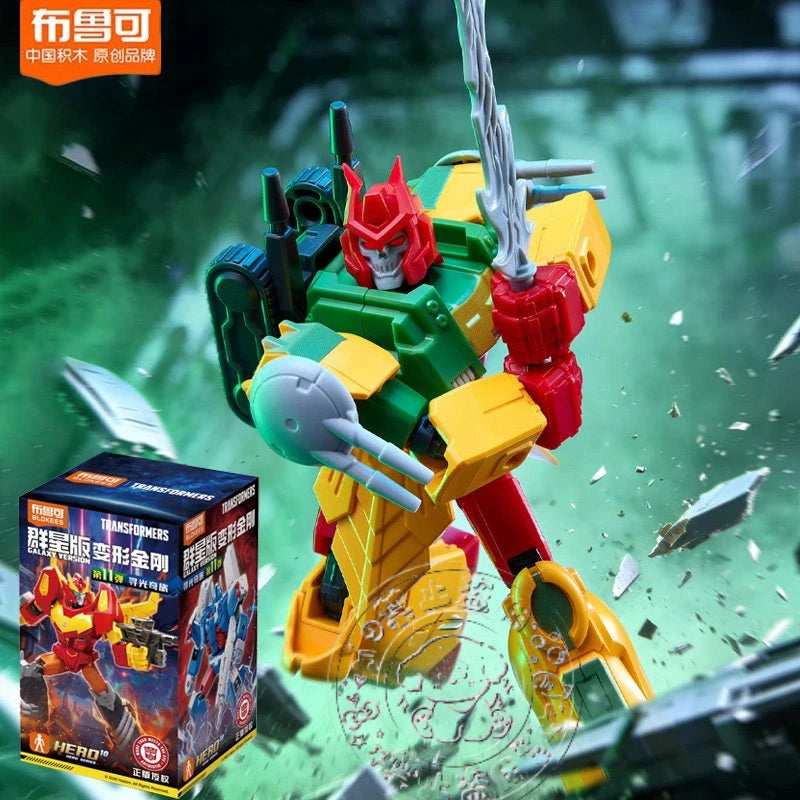Transformers-figuur Groene en Gele Robot met Gehoornde Helm — Blokees Gehoornde Schildwacht