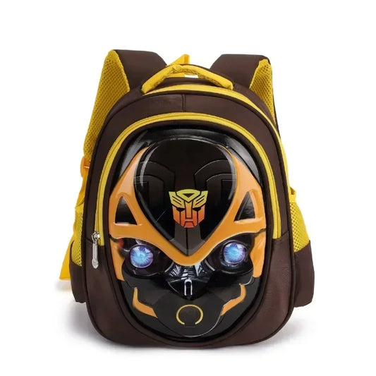 Sac à dos enfant jaune et marron à l’effigie de Bumblebee au visage robot, style 3D – Transformers.