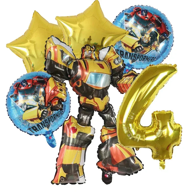 Bouquet de ballons aluminium Transformers, robot debout, étoiles dorées, chiffre 4 et ballons bleus – Transformers.
