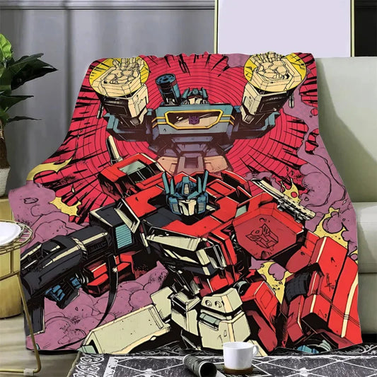 Plaid Transformers avec deux robots, décor fumée violette, style bande dessinée – Transformers.