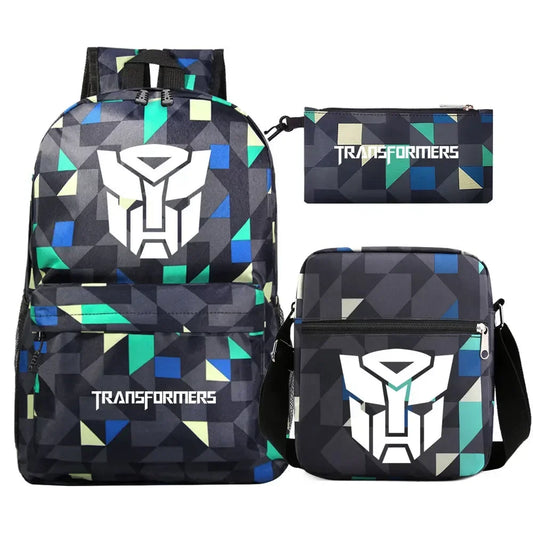 Ensemble sac à dos, sac bandoulière et trousse motif géométrique noir bleu logo Autobots – Transformers.