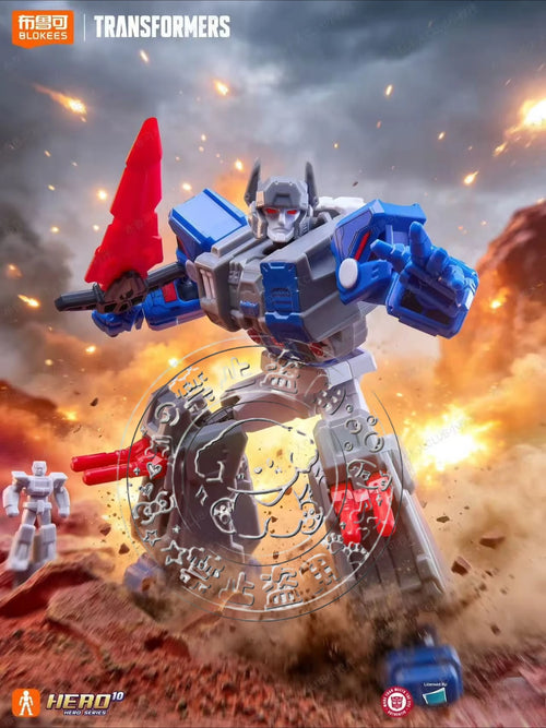 Transformers-figuur van grijsblauwe robot met scharlakenrode kling — Gewapende Decepticon van Blokees