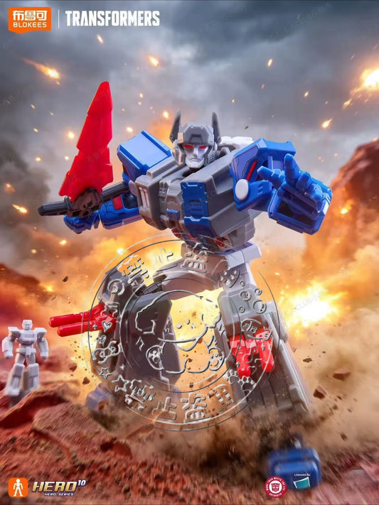 Transformers-figuur van grijsblauwe robot met scharlakenrode kling — Gewapende Decepticon van Blokees
