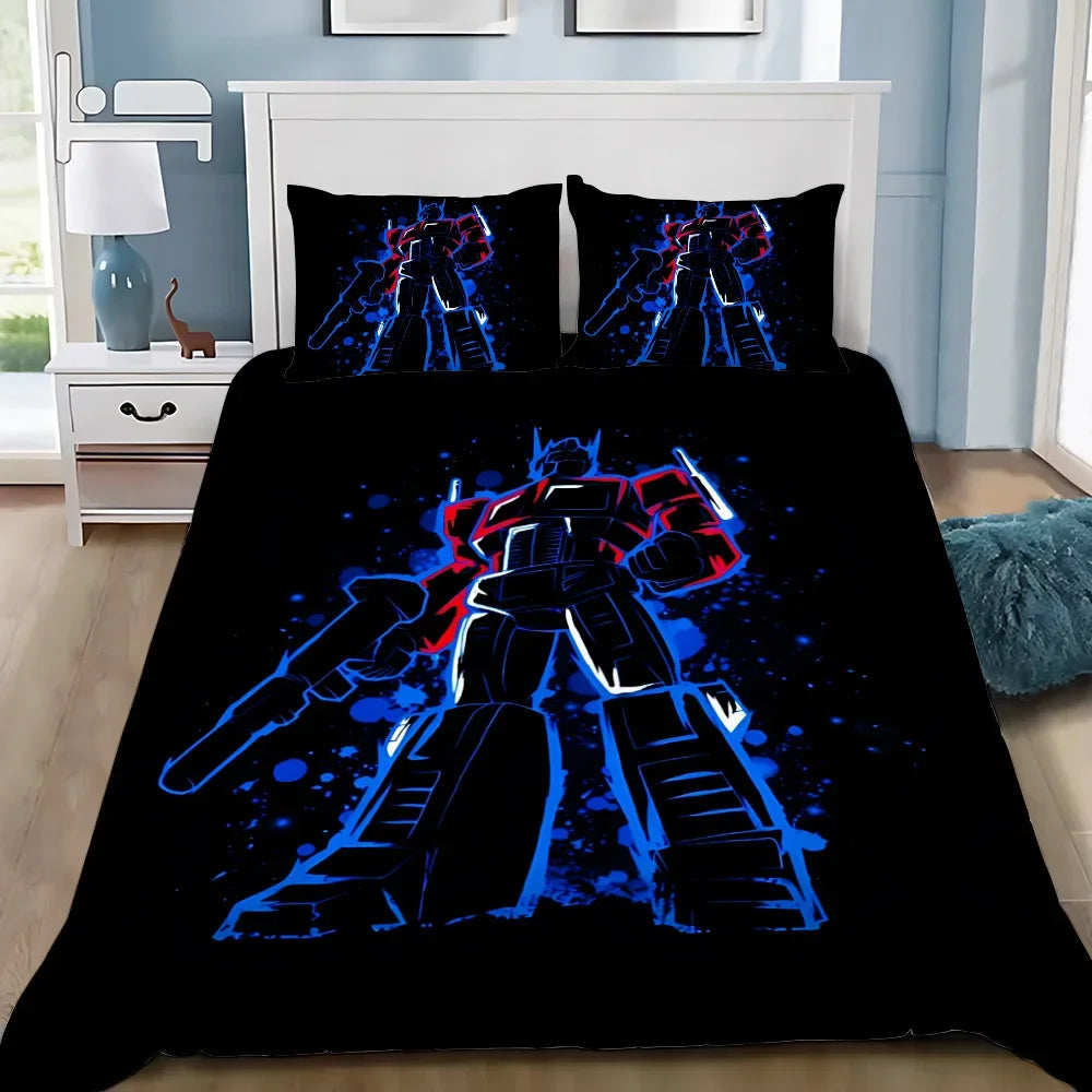 Parure de lit noire avec dessin stylisé d’Optimus Prime debout, fond bleu et rouge – Transformers.