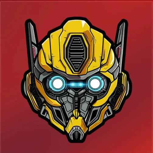 Dessin du visage de Bumblebee jaune et gris avec yeux bleus lumineux sur fond rouge – Transformers.