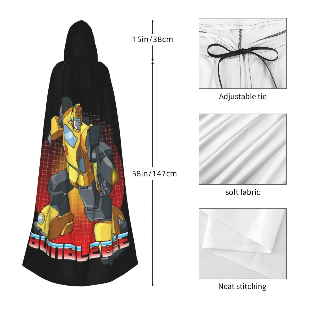 Transformers Bumblebee-cape — Lange cosplaycape met capuchon voor Halloween