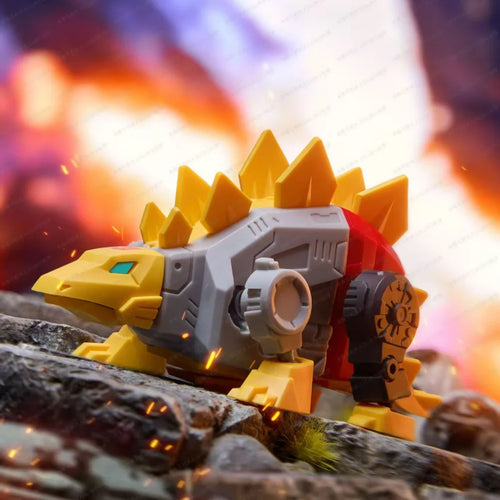 Transformers-figuur Snarl Blokees Flammes — Grijze en gele stegosaurus, gevechtszone