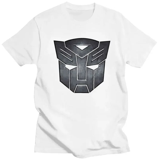 T-shirt blanc avec logo Autobot noir stylisé au centre, design simple et moderne – Transformers.