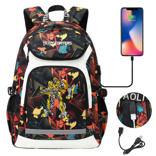 Sac à dos coloré avec motif Bumblebee, port USB, fond noir et détails jaunes – Transformers.