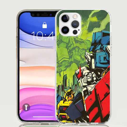 Coque iPhone avec Optimus Prime et Bumblebee en style bande dessinée sur fond vert – Transformers.