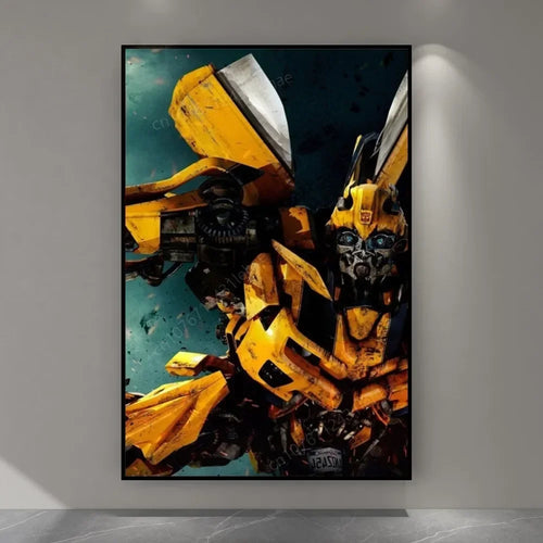Affiche murale de Bumblebee en robot jaune, pose dynamique sur fond sombre – Transformers.