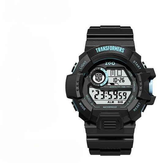 Montre digitale noire Transformers avec logo Autobot, afficheur LCD, détails bleus, fond blanc – Transformers.