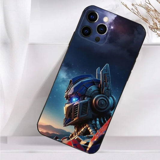 Coque de téléphone avec illustration d’Optimus Prime, ciel étoilé en fond, tons bleus – Transformers.