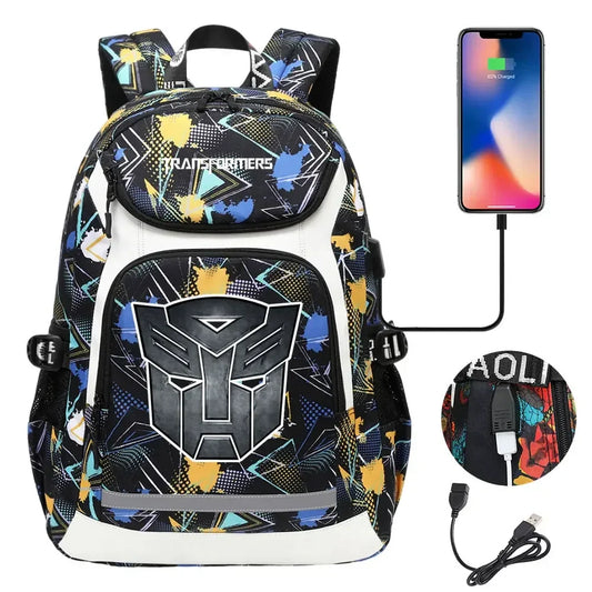 Sac à dos Transformers noir à motif coloré, logo Autobot, port USB, accessoires inclus – Transformers.