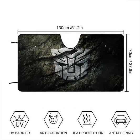 Transformers-zonwering met gegraveerd Autobot-embleem — autosolbescherming met grijze stenen