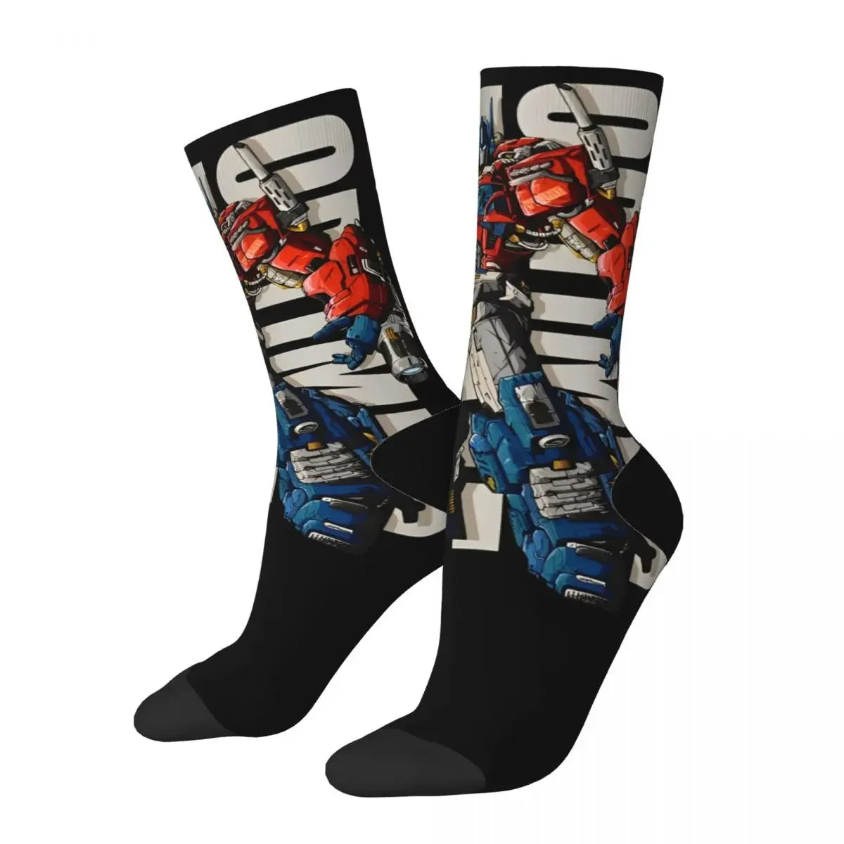 Chaussettes noires motif Optimus Prime en posture dynamique sur fond de texte blanc – Transformers.
