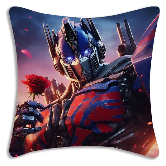Coussin decoratif Optimus Prime tenant une rose rouge, fond crépuscule, pétales. – Transformers