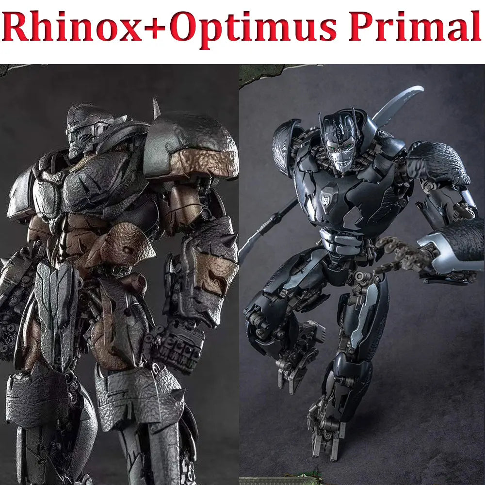 Transformers-figuren duo Rhinox & Optimus Primal — Premiumbeeld, verweerde Beast Wars-uitvoering