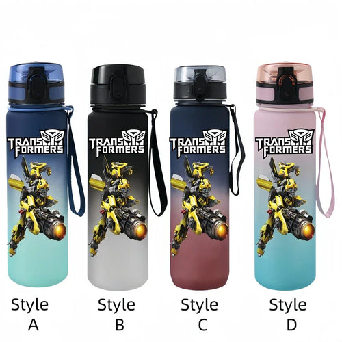 Gourde Transformers avec Bumblebee en jaune, posture dynamique, fond coloré, plusieurs styles – Transformers.