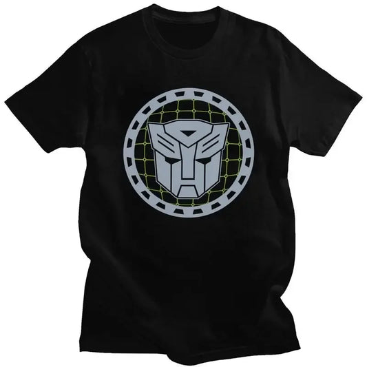 T-shirt noir avec logo Autobots argenté dans un cercle gris et jaune stylisé – Transformers.