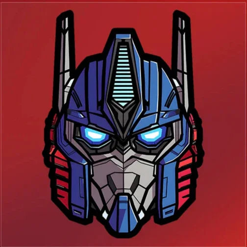 Visuel du masque robotisé d’Optimus Prime stylisé, fond rouge, couleurs bleu et argent – Transformers.